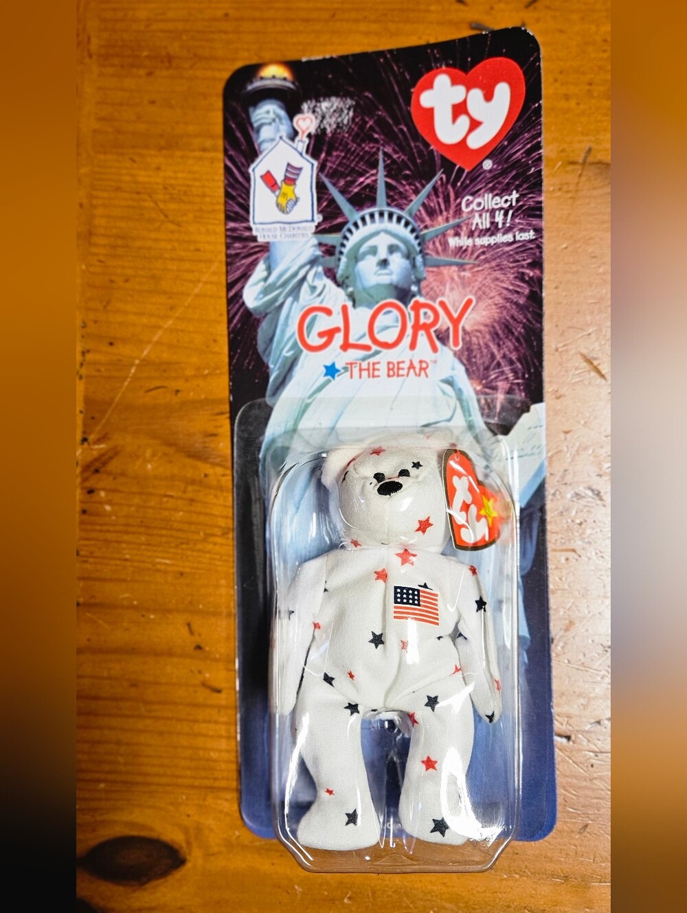 Ty Glory The Bear Beanie Baby - White with Red & Blue Stars With Errors